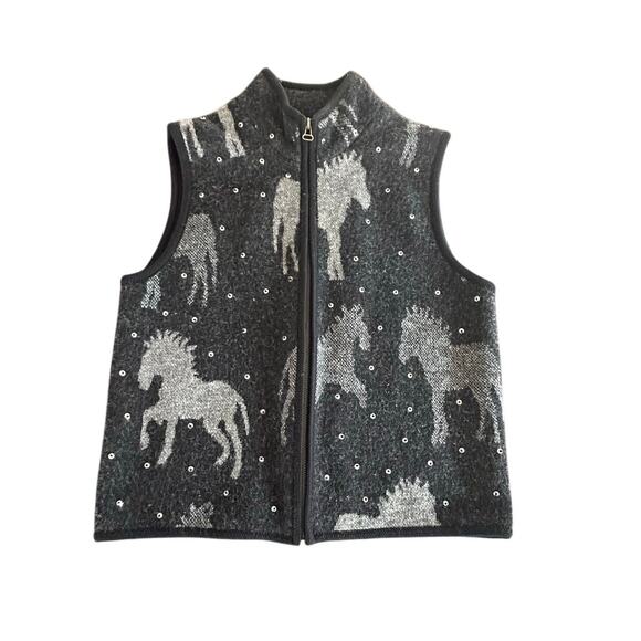 ⭐️ Tally‎ Ho Womens 100% Wool Vest Large Black Accented Horse Figures Sequins - Picture 1 of 4